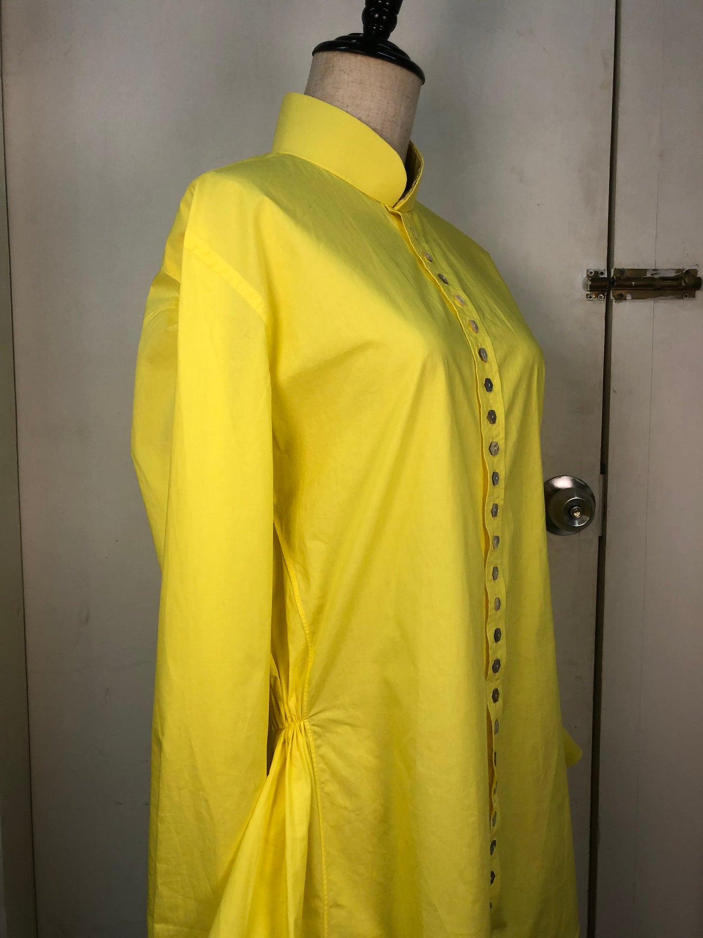 Sample Sale | Shocking yellow cotton shirt with way too many shell MOP buttons | crazy experimental fashion