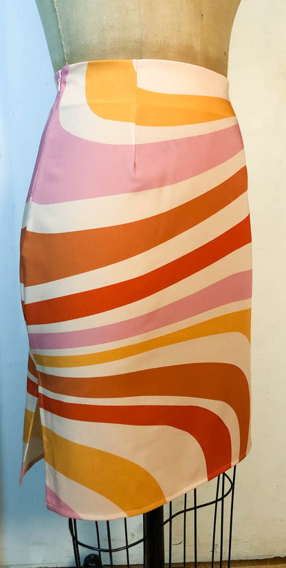 Any Size Cheongsam Skirt [Tailor-Made] | Groovy 1960s inspired colourful fluid print (beige pink yellow orange magenta) custom measurment - 企直啲 Stand Tall D