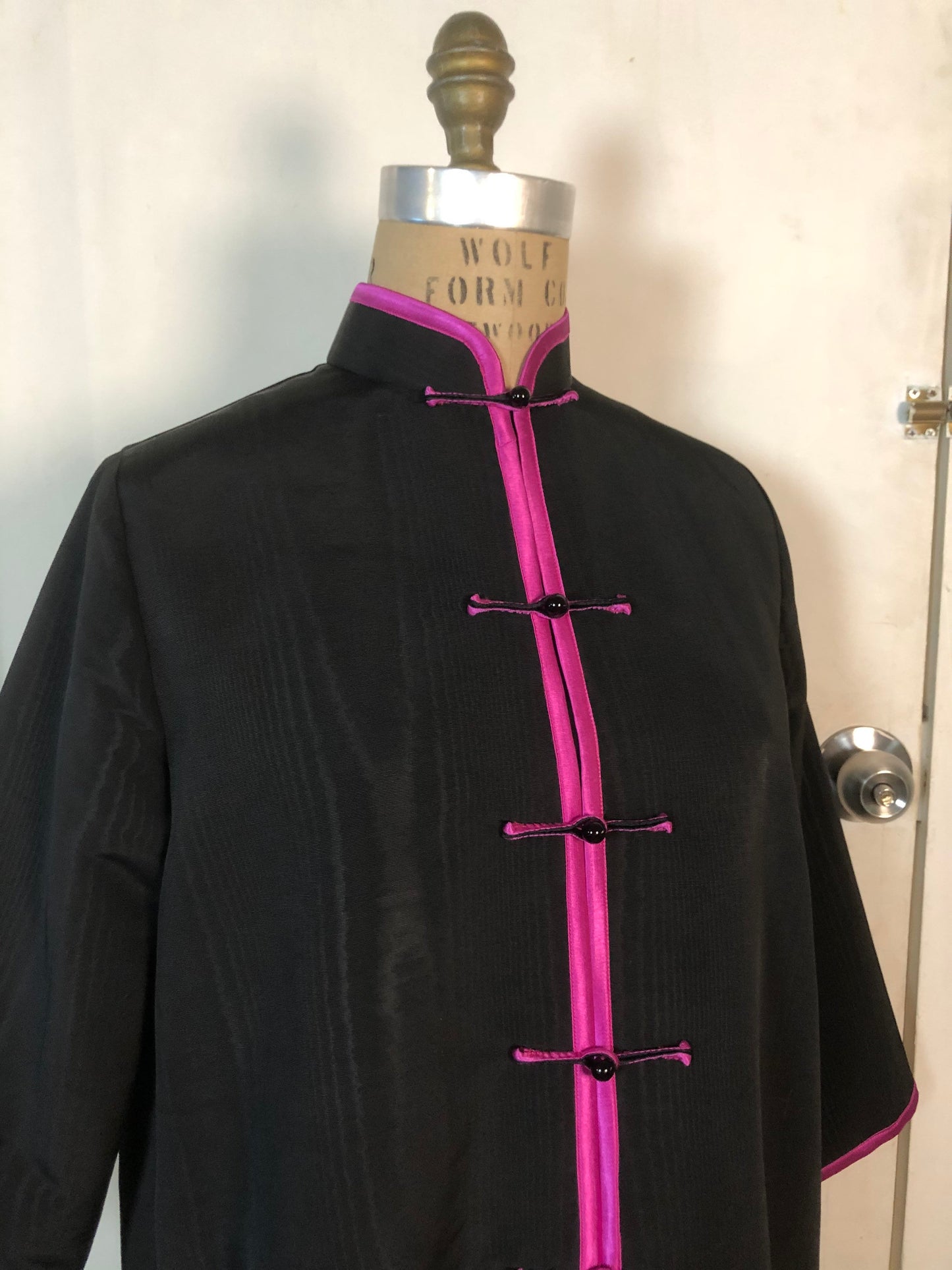 Black Mandarin Long Jacket with Magenta binding [Tailor-Made] Reflective Moiré Pattern fabric | bespoke / Paper pattern kraft cardstock