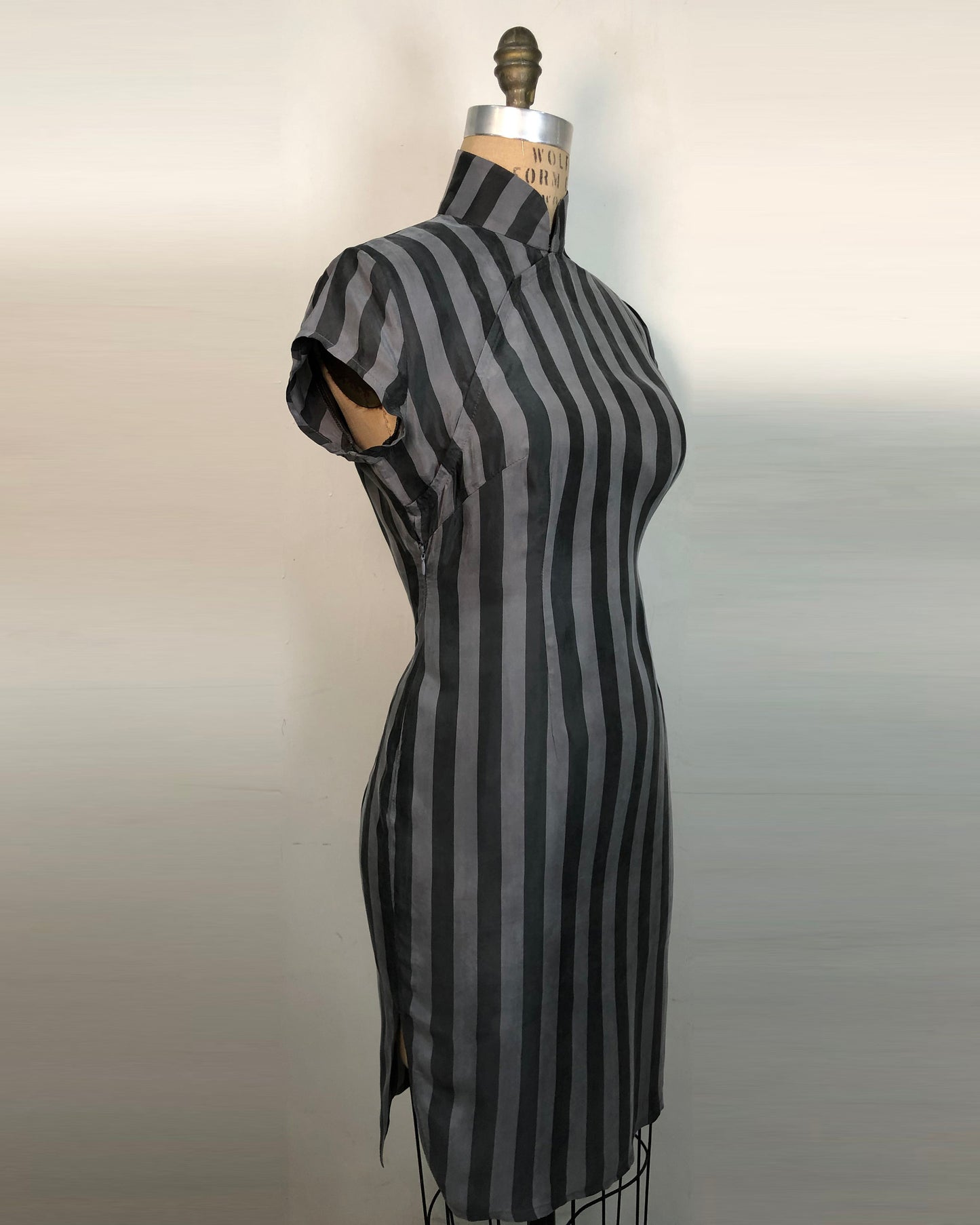 1960s Hong Kong style CheongSam Dress [Tailor-Made] | Grey & Black thick Stripe Viscose