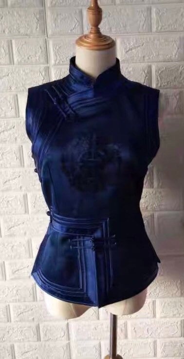 Mongolian Vest [Tailor-Made] | Black / Navy brocade blue triple binding | Embellish Top