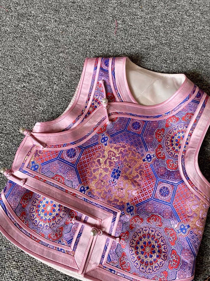 Mongolian Vest [Tailor-Made] | Purple pastel jacquard brocade Pink triple binding  | Embellish Top - 企直啲 Stand Tall D