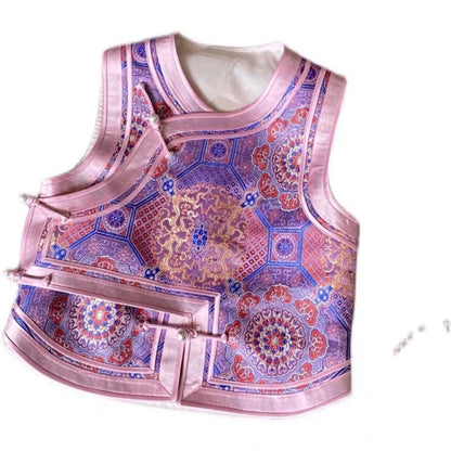 Mongolian Vest [Tailor-Made] | Purple pastel jacquard brocade Pink triple binding  | Embellish Top - 企直啲 Stand Tall D