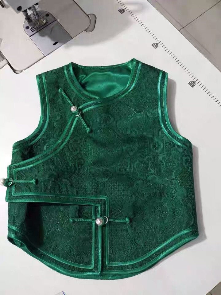 Mongolian Vest [Tailor-Made] | Green Jacquard brocade Satin double binding | Embellish Top - 企直啲 Stand Tall D