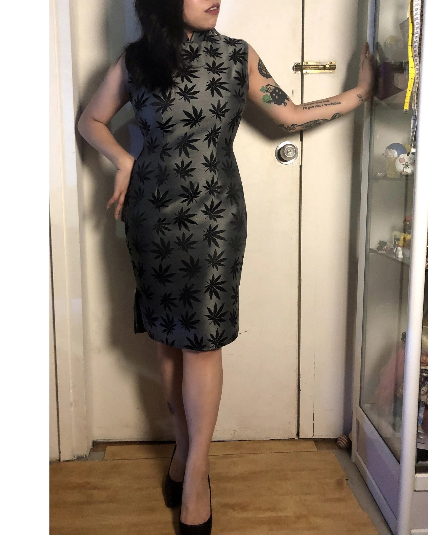 1960s Hong Kong style CheongSam Dress [Tailor-Made] | silver grey black hemp 420 weed cannabis Brocade satin | custom print graphic fabric - 企直啲 Stand Tall D