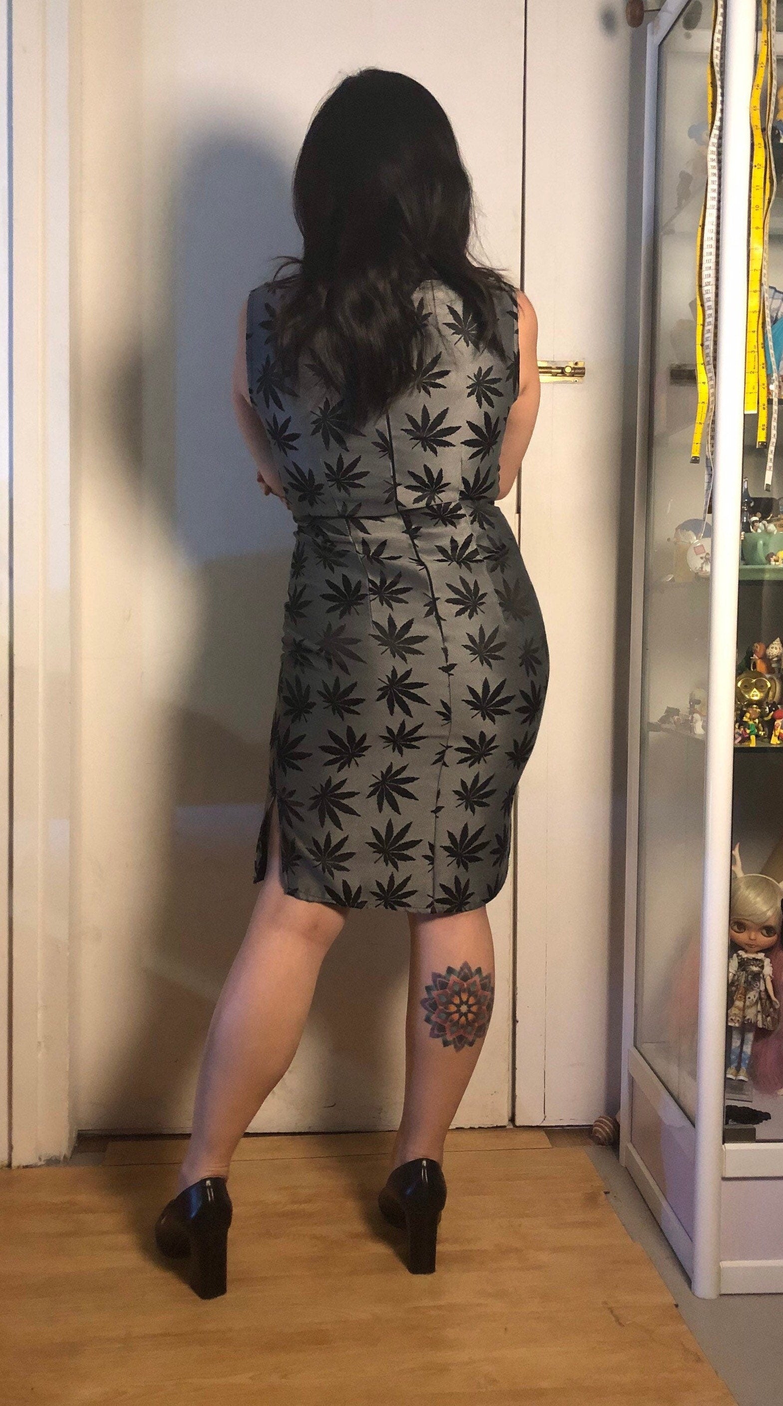 1960s Hong Kong style CheongSam Dress [Tailor-Made] | silver grey black hemp 420 weed cannabis Brocade satin | custom print graphic fabric - 企直啲 Stand Tall D