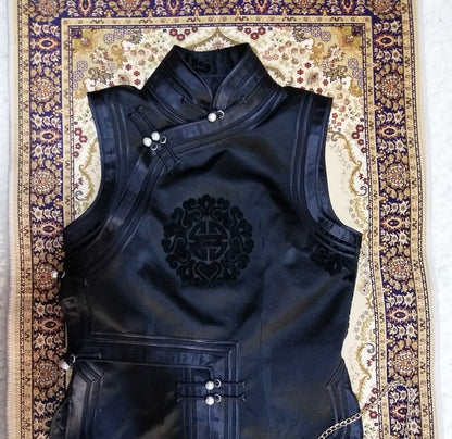 Mongolian Vest [Tailor-Made] | Black / Navy brocade blue triple binding | Embellish Top