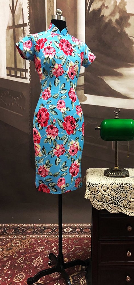 Cheongsam Dress (1960s) | Pink rose floral print on bright blue Chiffon cotton lining [ In the Mood for Love 花樣年華 | Historical inspiration ] - 企直啲 Stand Tall D