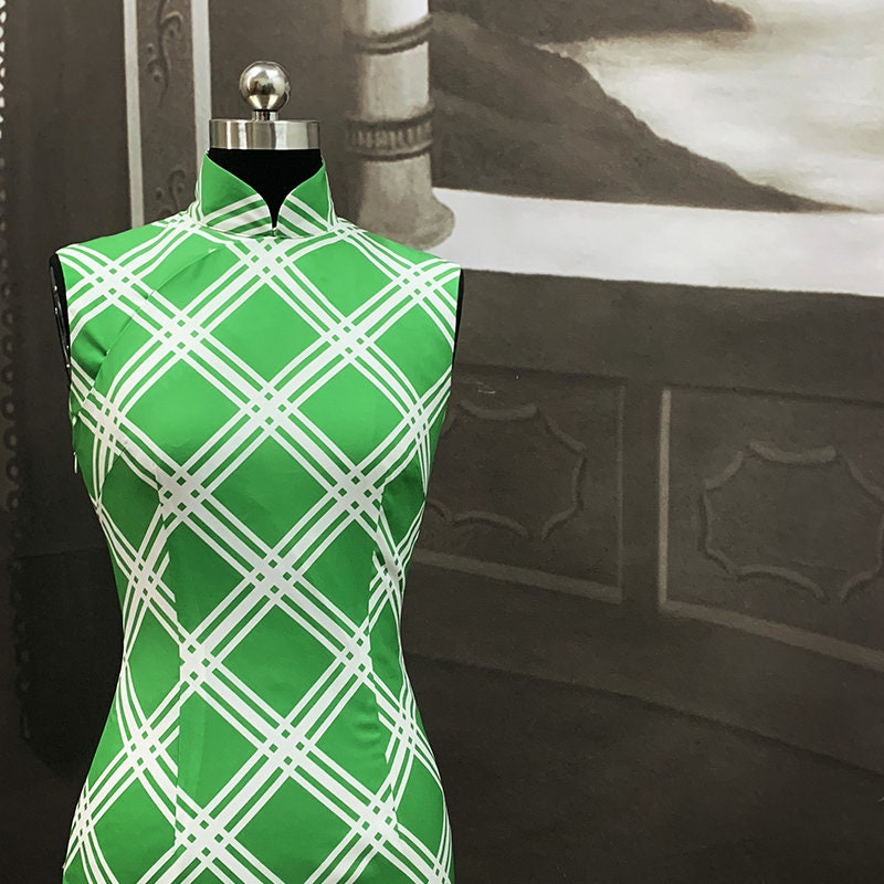 Cheongsam Dress (1960s) | White Diagonal Windowpane Check on Grass Green Chiffon [ In the Mood for Love 花樣年華 | Historical inspiration ] - 企直啲 Stand Tall D