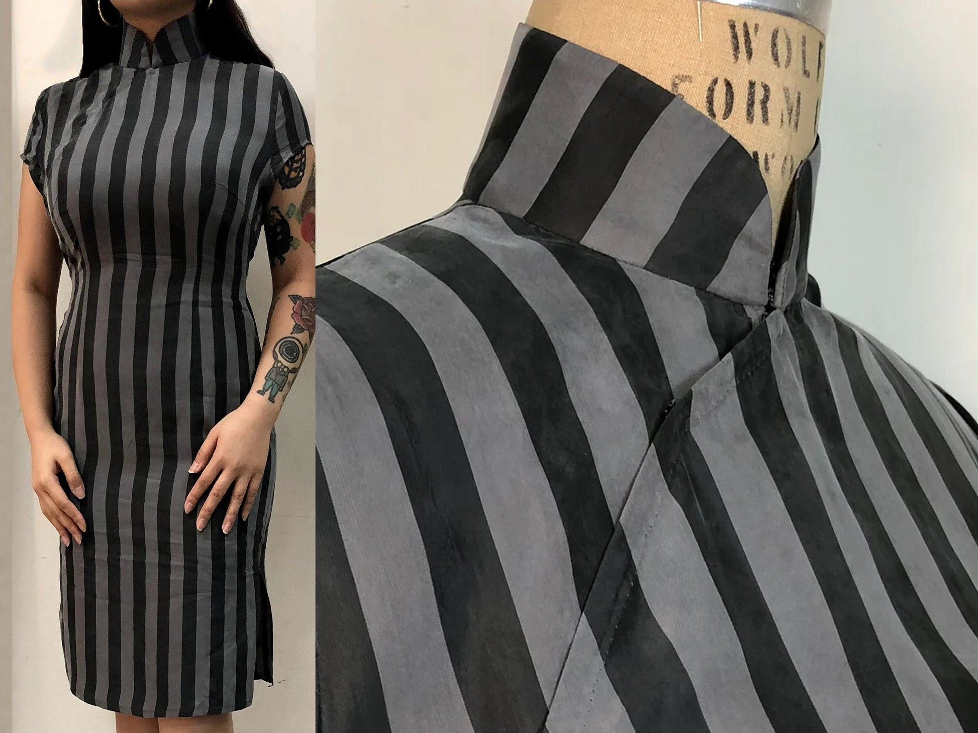 1960s Hong Kong style CheongSam Dress [Tailor-Made] | Grey & Black thick Stripe Viscose