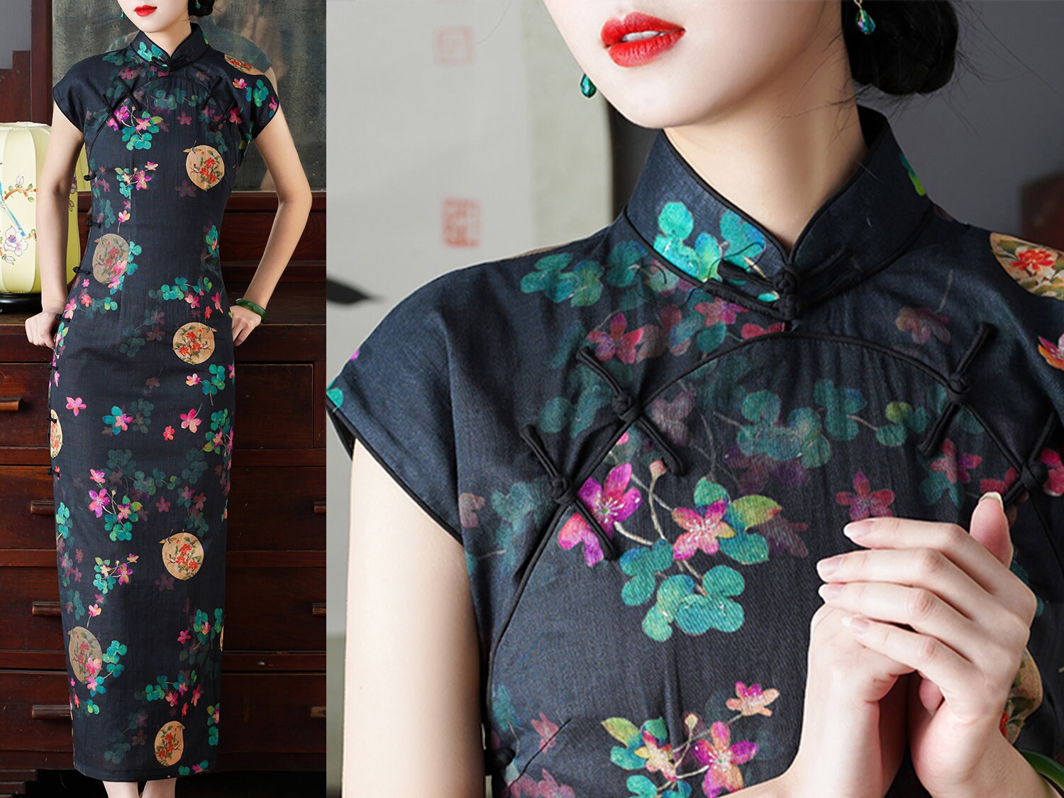 1920s Qipao Dress [Tailor-Made] | Knot Buttons Bindings | Linen Cotton | Turquoise Magenta pink floral black navy dark | Authentic Cheongsam - 企直啲 Stand Tall D