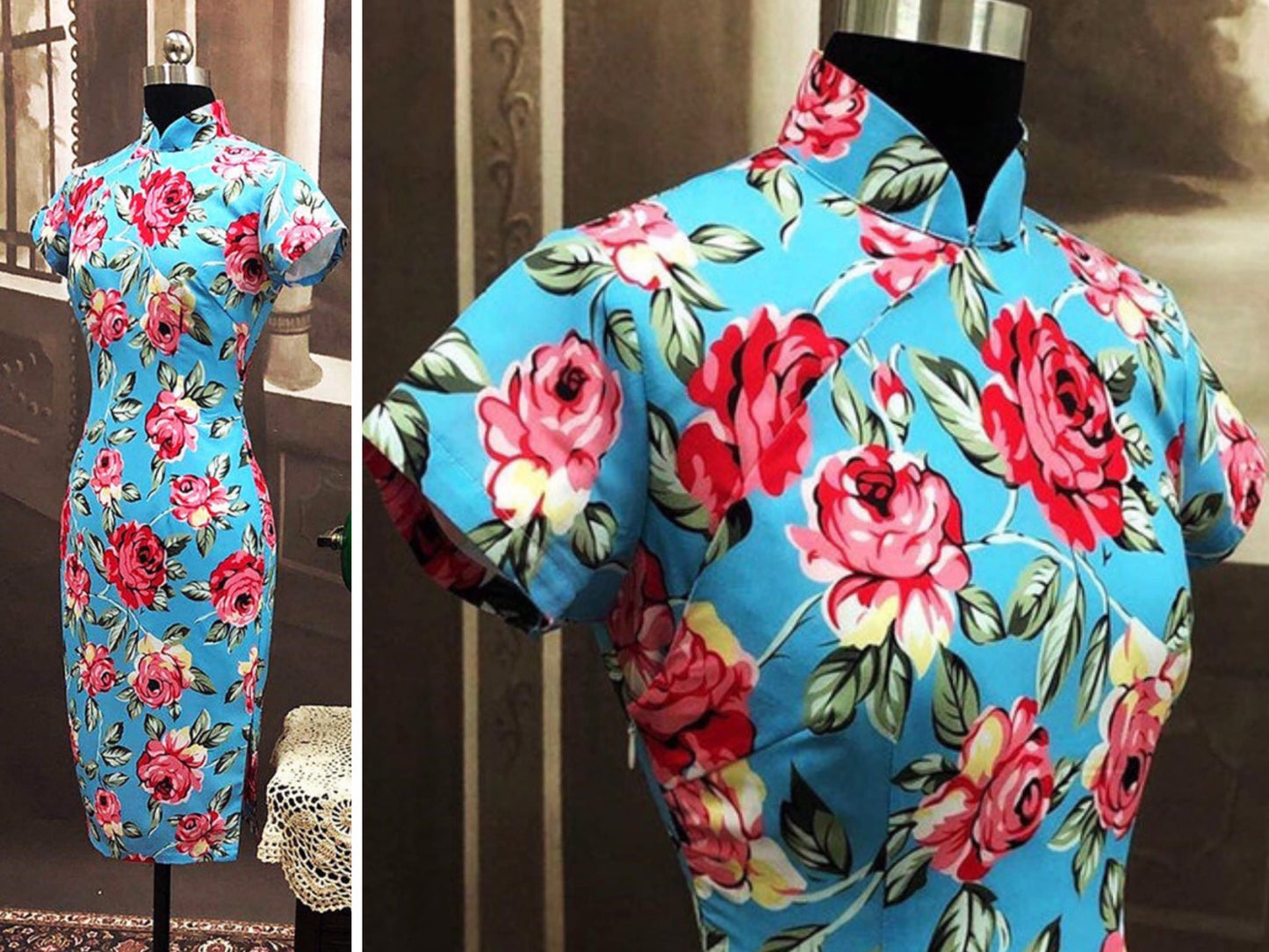 Cheongsam Dress (1960s) | Pink rose floral print on bright blue Chiffon cotton lining [ In the Mood for Love 花樣年華 | Historical inspiration ] - 企直啲 Stand Tall D