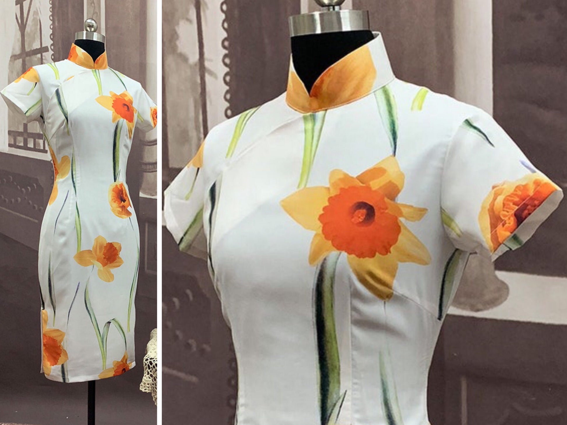 Cheongsam Dress (1960s) | Yellow Daffodil floral print on white chiffon cotton lining [ In the Mood for Love 花樣年華 | Historical inspiration ] - 企直啲 Stand Tall D