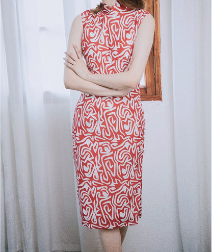 Cheongsam Dress (1960s) | orange red & white squiggly lines printed on Chiffon [ In the Mood for Love 花樣年華 | Historical inspiration ] - 企直啲 Stand Tall D