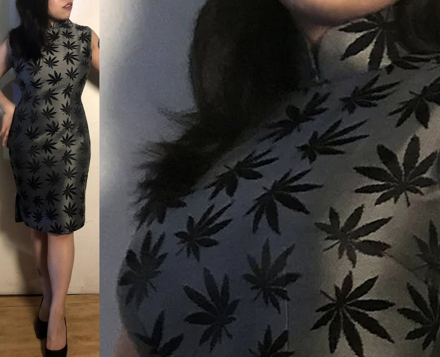 1960s Hong Kong style CheongSam Dress [Tailor-Made] | silver grey black hemp 420 weed cannabis Brocade satin | custom print graphic fabric - 企直啲 Stand Tall D