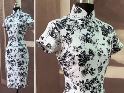 Cheongsam Dress (1960s) | Black rose floral print on white Linen cotton plus lining [ In the Mood for Love 花樣年華 | Historical inspiration ] - 企直啲 Stand Tall D