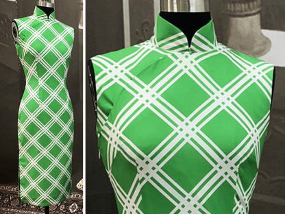 Cheongsam Dress (1960s) | White Diagonal Windowpane Check on Grass Green Chiffon [ In the Mood for Love 花樣年華 | Historical inspiration ] - 企直啲 Stand Tall D