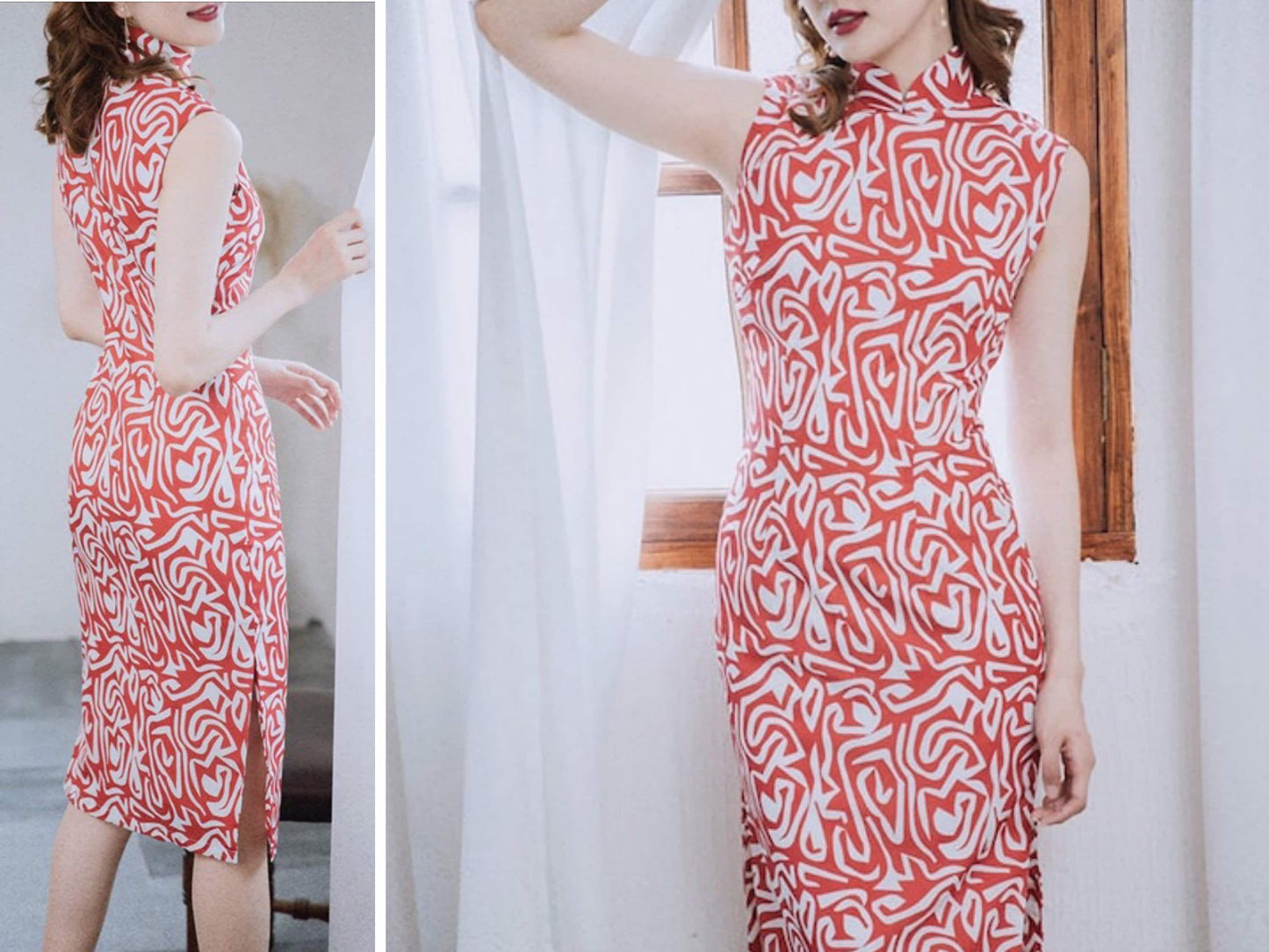 Cheongsam Dress (1960s) | orange red & white squiggly lines printed on Chiffon [ In the Mood for Love 花樣年華 | Historical inspiration ] - 企直啲 Stand Tall D