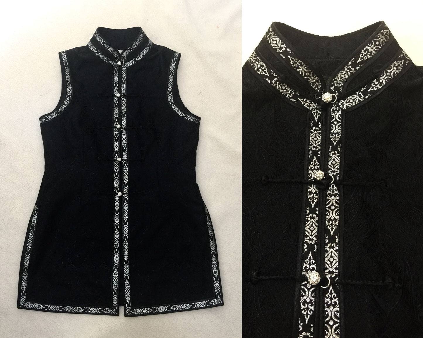 Mongolian Vest [Tailor-Made] | Black brocade silver triple binding | Embellish mandarin embroidery Top