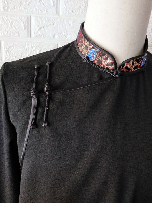 Mongolian long sleeves [Tailor-Made] | Black double beige floral rose gold binding | embroidery Embellish Top