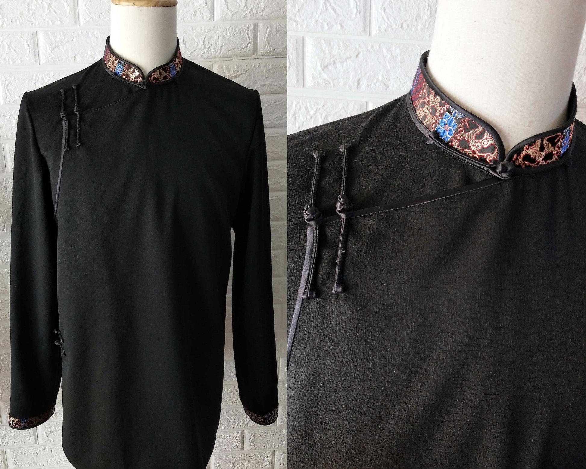 Mongolian long sleeves [Tailor-Made] | Black double beige floral rose gold binding | embroidery Embellish Top