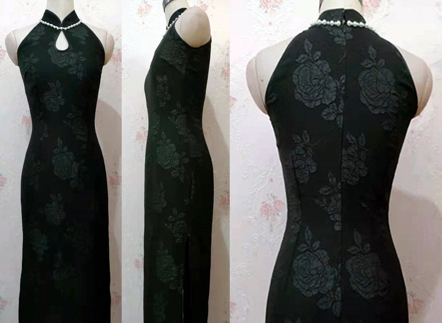 Black jacquard brocade CheongSam qipao Dress [Tailor-Made] | made to measure any plus size tailormade stretch bespoke halter sleeveless - 企直啲 Stand Tall D