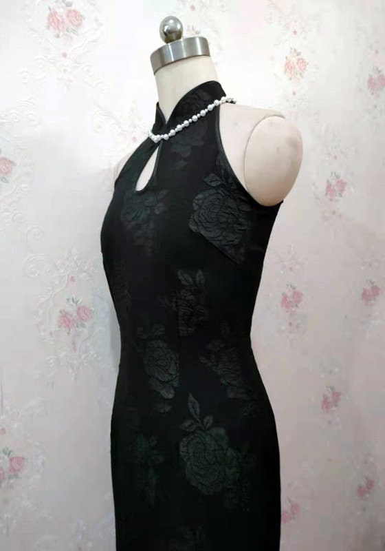 Black jacquard brocade CheongSam qipao Dress [Tailor-Made] | made to measure any plus size tailormade stretch bespoke halter sleeveless - 企直啲 Stand Tall D