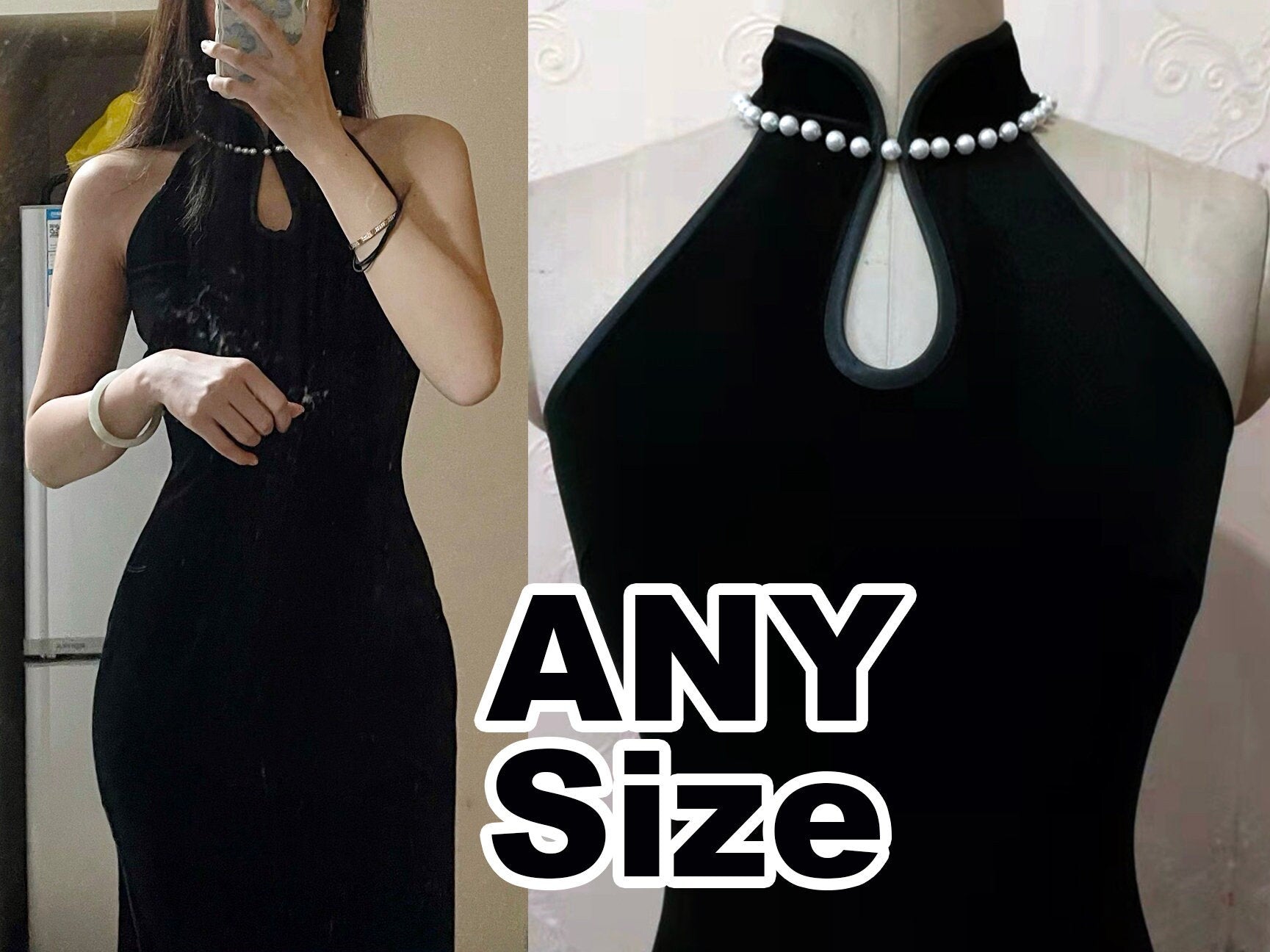 Black velvet stretchy CheongSam qipao Dress [Tailor-Made] | made to measure any plus size tailormade stretch bespoke halter sleeveless LBD - 企直啲 Stand Tall D