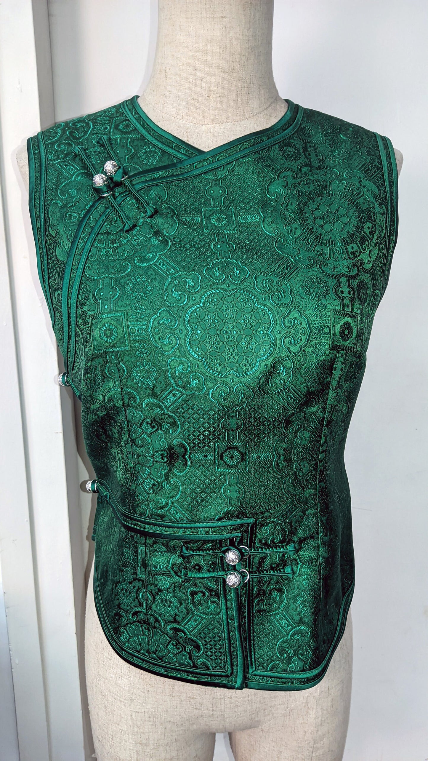 Mongolian Vest [Tailor-Made] | Green Jacquard brocade Satin double binding | Embellish Top - 企直啲 Stand Tall D