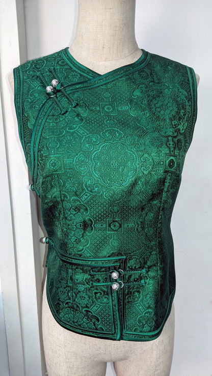 Mongolian Vest [Tailor-Made] | Green Jacquard brocade Satin double binding | Embellish Top - 企直啲 Stand Tall D