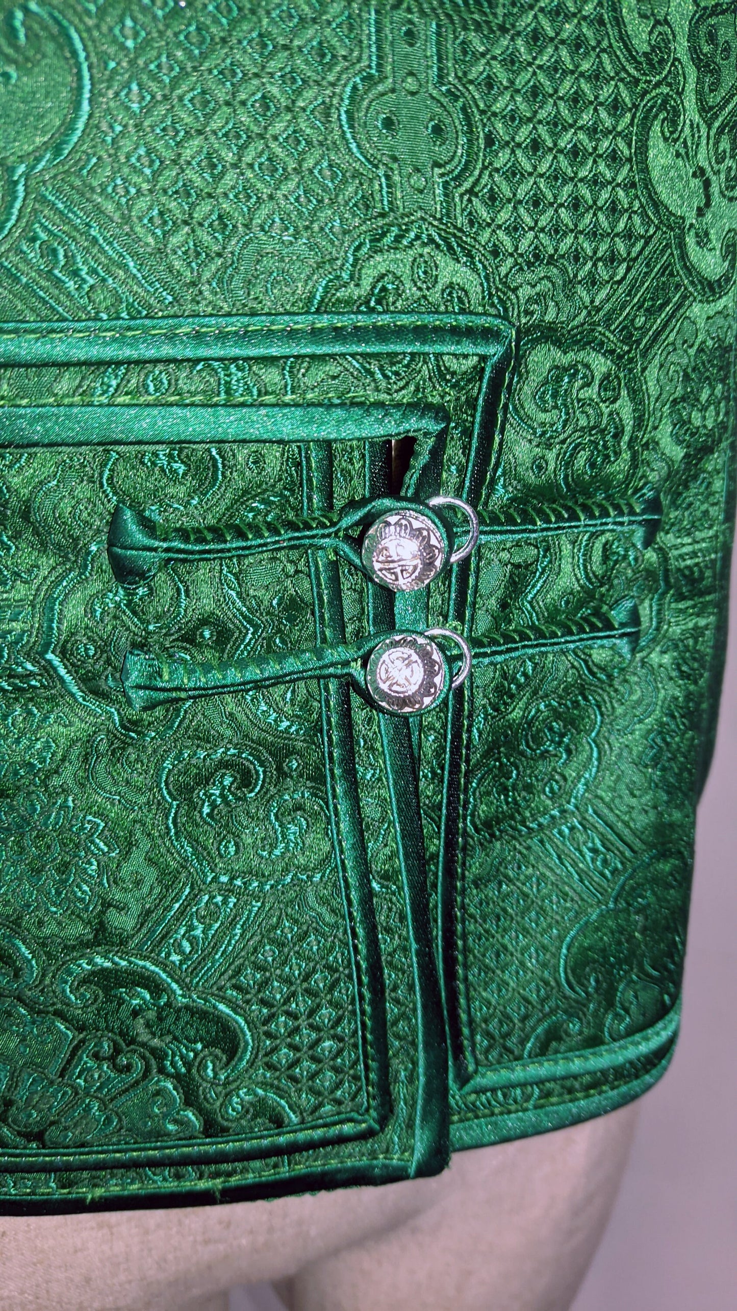 Mongolian Vest [Tailor-Made] | Green Jacquard brocade Satin double binding | Embellish Top - 企直啲 Stand Tall D