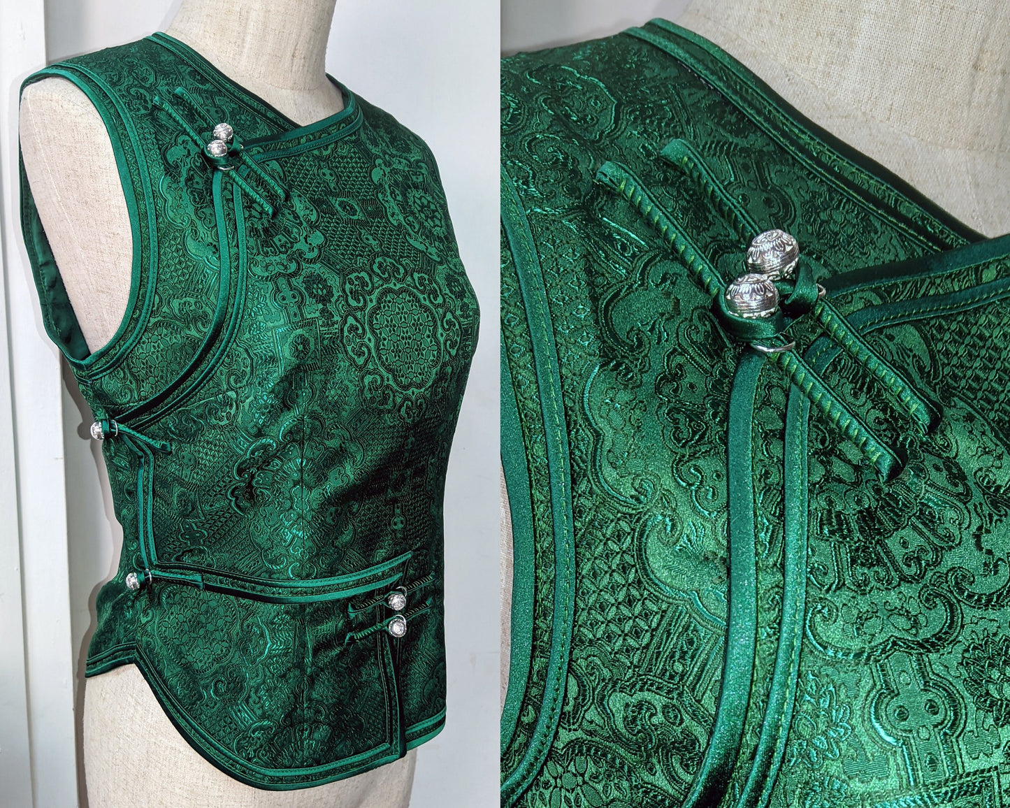 Mongolian Vest [Tailor-Made] | Green Jacquard brocade Satin double binding | Embellish Top - 企直啲 Stand Tall D