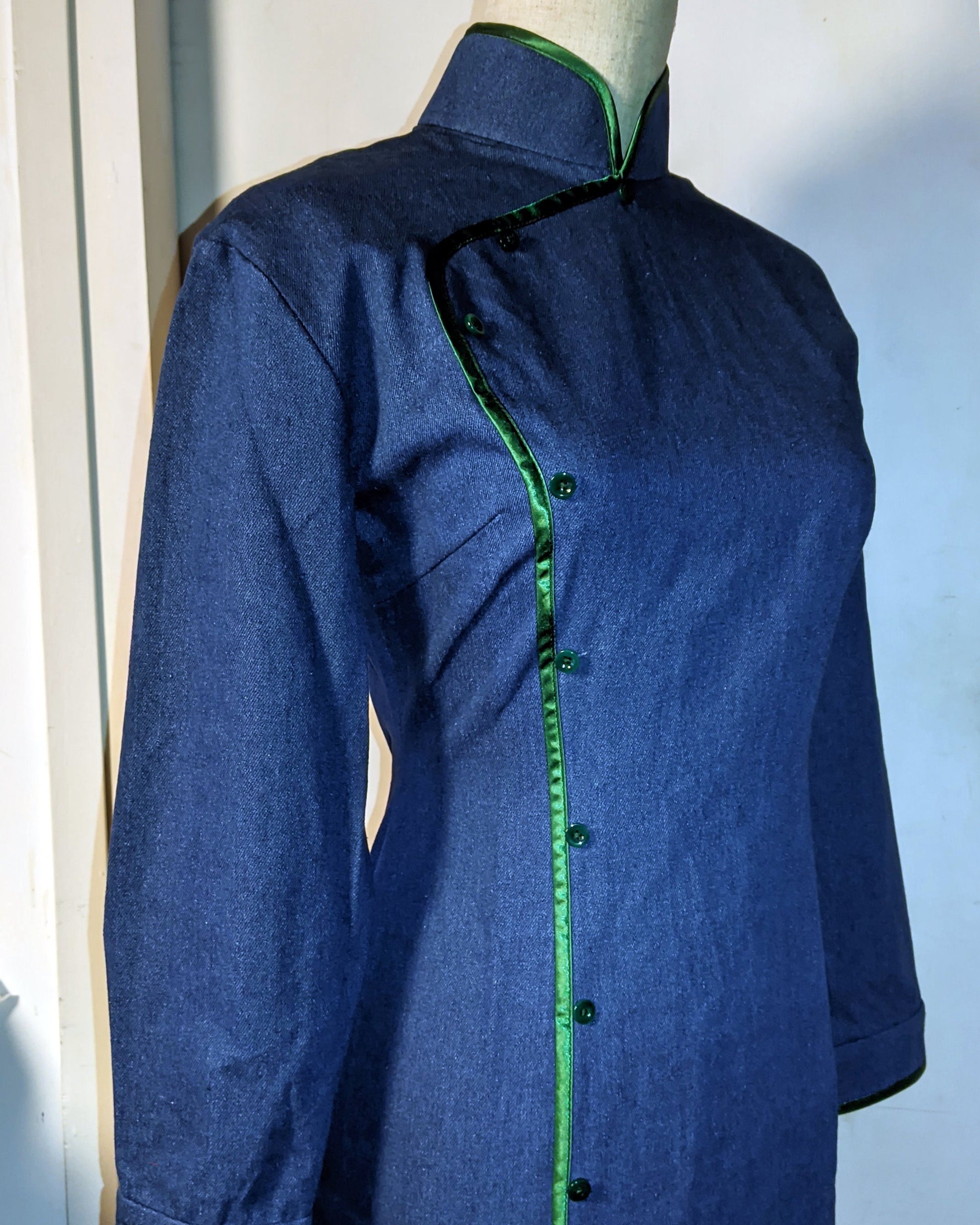 1960s Hong Kong Denim CheongSam long sleeves shirt Dress [Tailor-Made] | Dark navy or light blue , shirt or jeans weight,  all up to you - 企直啲 Stand Tall D