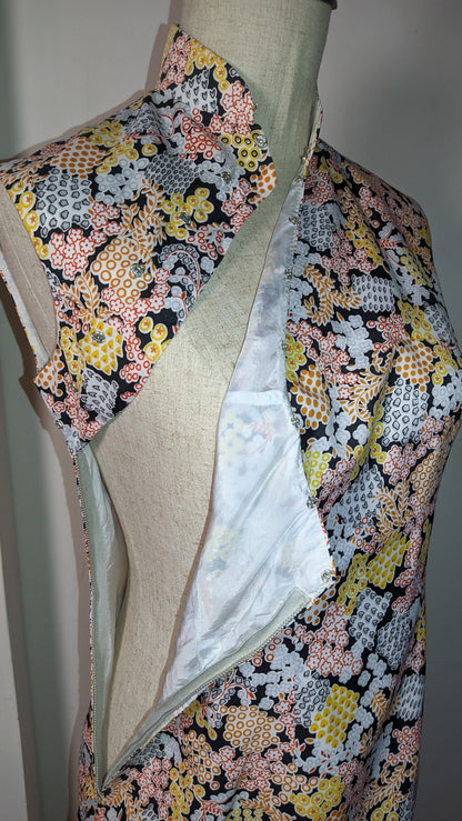 Vintage 1960s Cheongsam dress (Size M) | Lined, sleeveless | orange yellow blue white Floral on black | ready to ship NOW