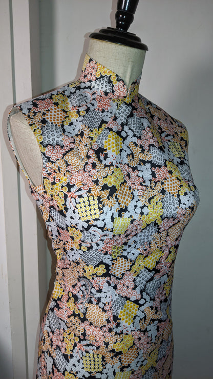 Vintage 1960s Cheongsam dress (Size M) | Lined, sleeveless | orange yellow blue white Floral on black | ready to ship NOW