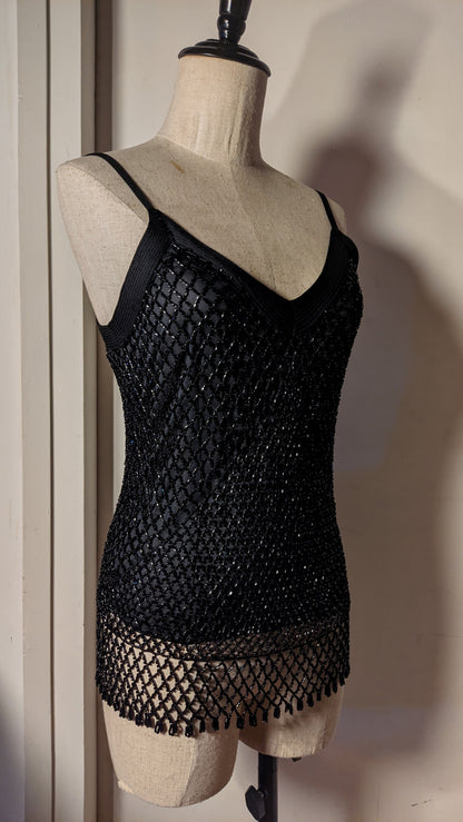 Sample Room Vintage | Black Diagonal lace embroidery sleeveless shirt vest top | intricate shimmering beads | Prom Latin dance glam costume