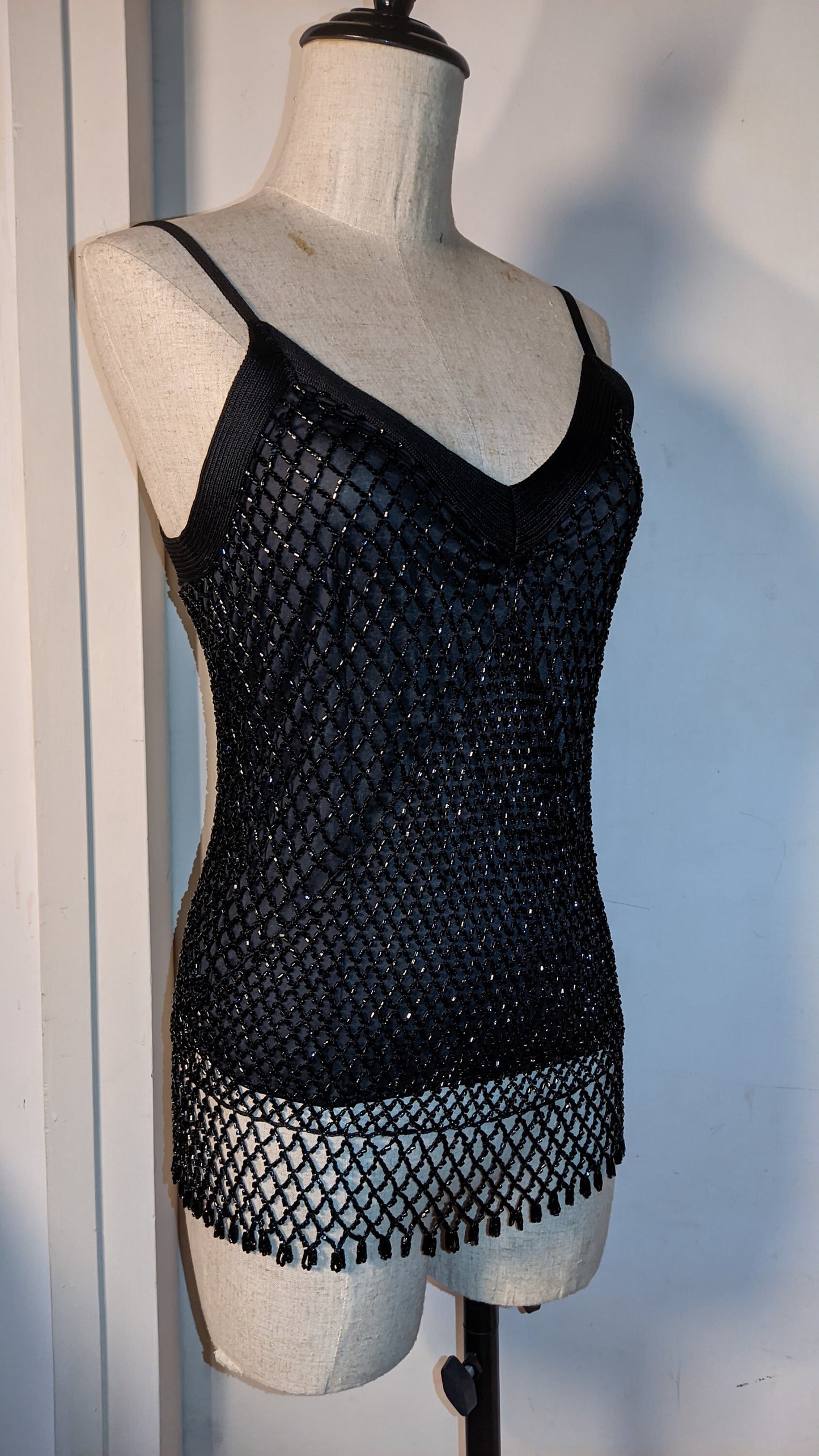 Sample Room Vintage | Black Diagonal lace embroidery sleeveless shirt vest top | intricate shimmering beads | Prom Latin dance glam costume