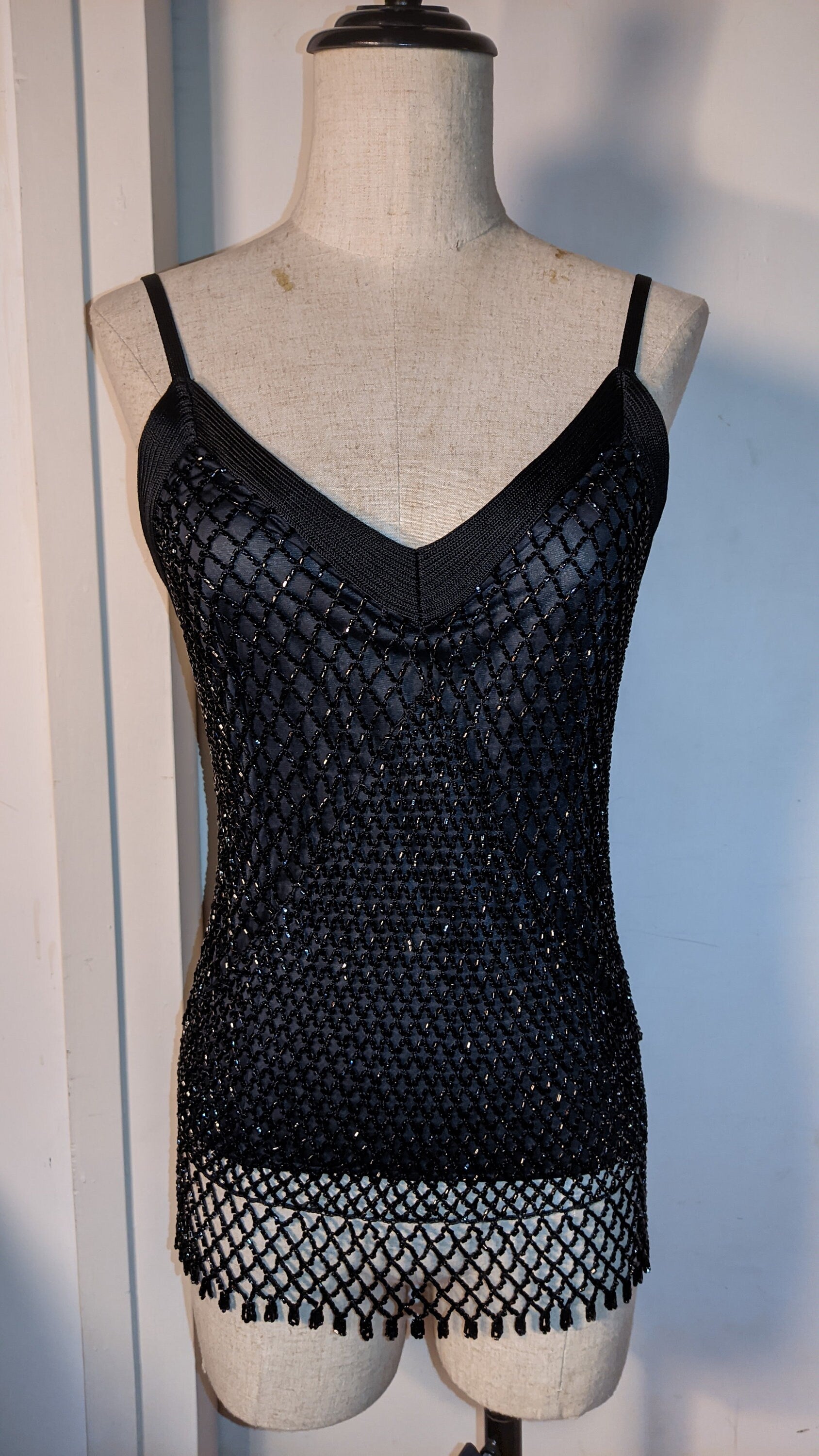 Sample Room Vintage | Black Diagonal lace embroidery sleeveless shirt vest top | intricate shimmering beads | Prom Latin dance glam costume