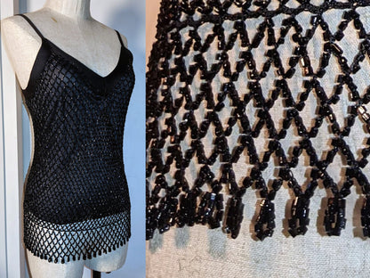 Sample Room Vintage | Black Diagonal lace embroidery sleeveless shirt vest top | intricate shimmering beads | Prom Latin dance glam costume