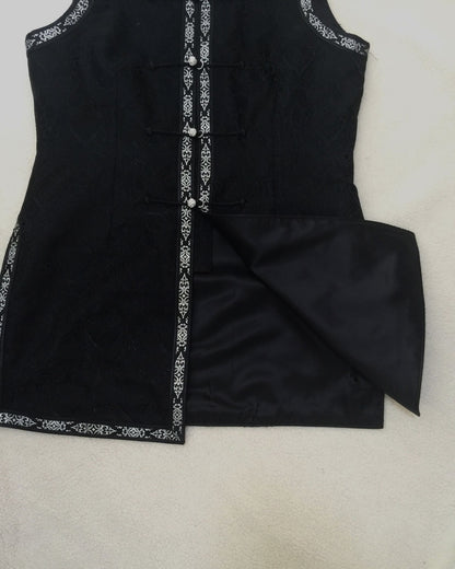 Mongolian Vest [Tailor-Made] | Black brocade silver triple binding | Embellish mandarin embroidery Top