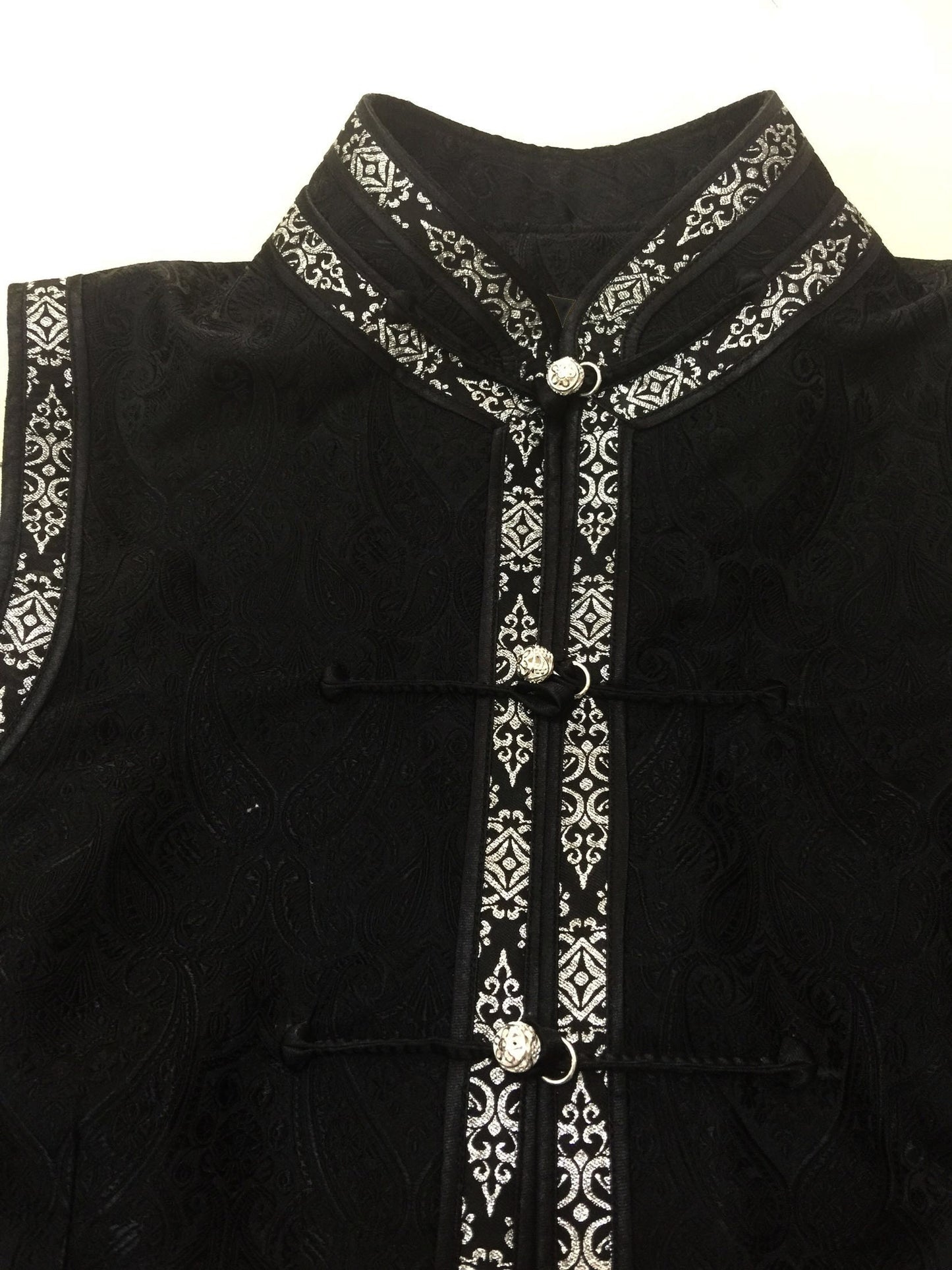 Mongolian Vest [Tailor-Made] | Black brocade silver triple binding | Embellish mandarin embroidery Top