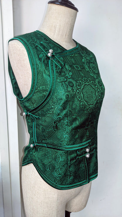 Mongolian Vest [Tailor-Made] | Green Jacquard brocade Satin double binding | Embellish Top - 企直啲 Stand Tall D