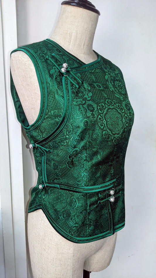 Mongolian Vest [Tailor-Made] | Green Jacquard brocade Satin double binding | Embellish Top - 企直啲 Stand Tall D