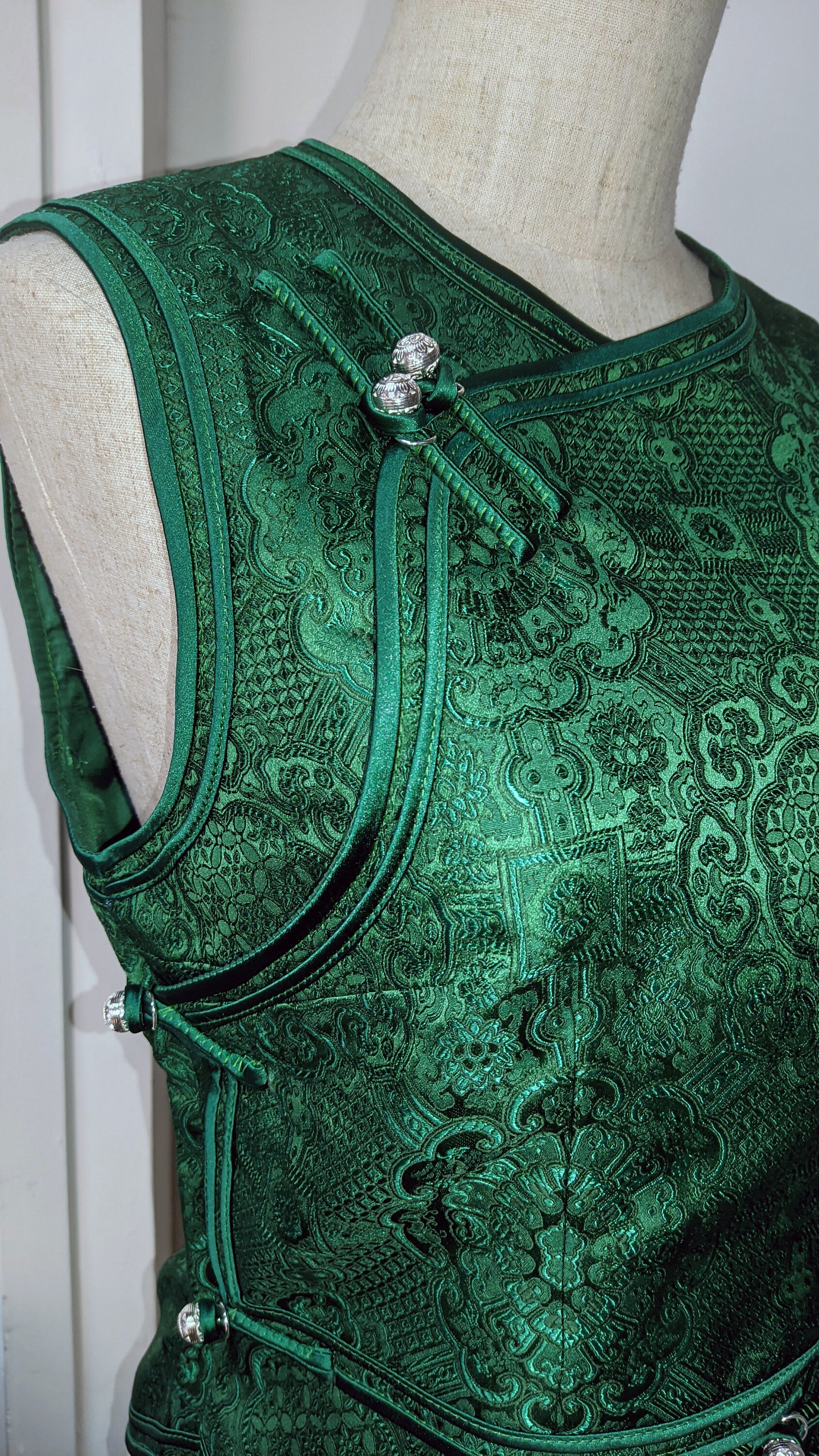 Mongolian Vest [Tailor-Made] | Green Jacquard brocade Satin double binding | Embellish Top - 企直啲 Stand Tall D