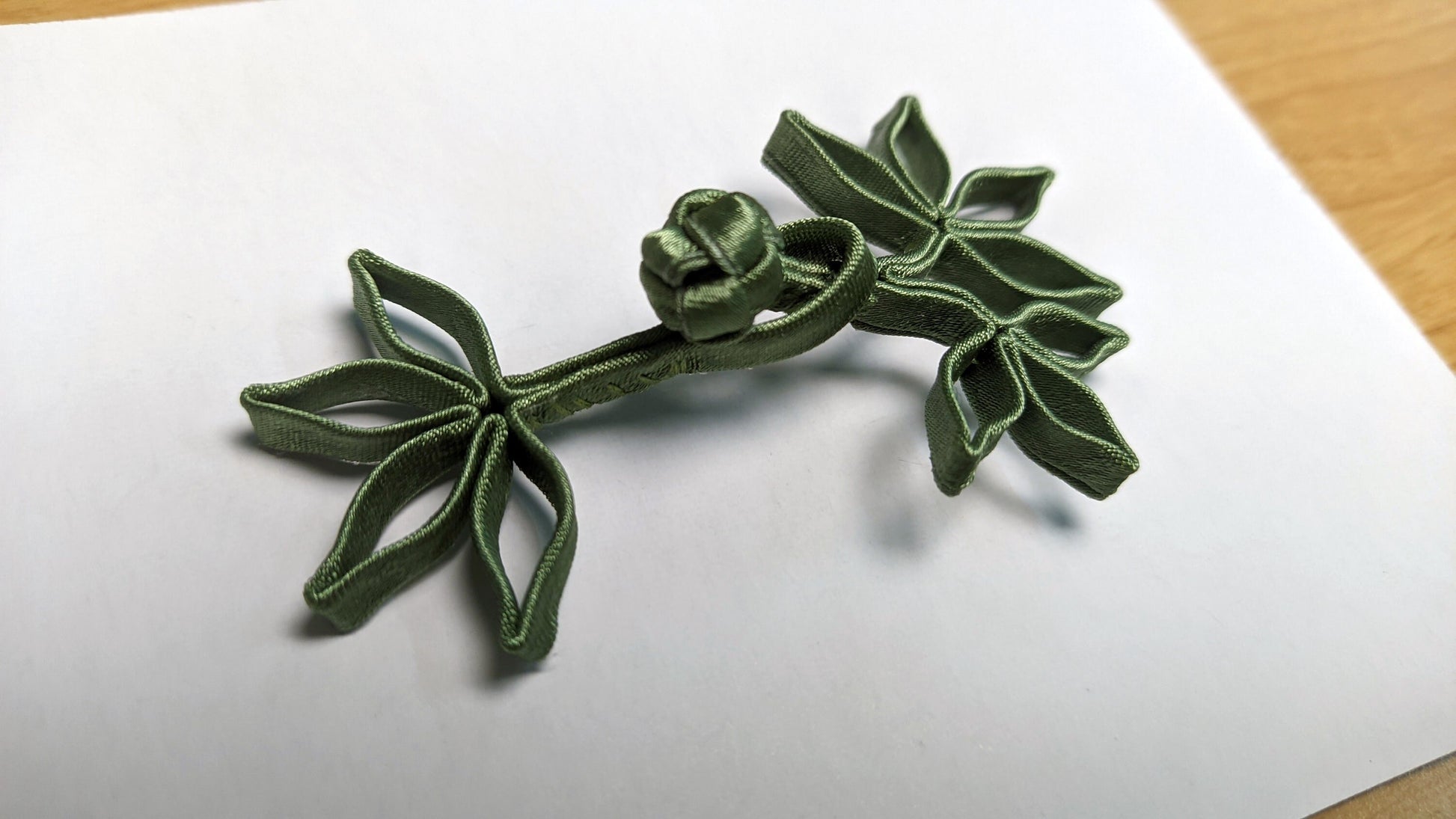 historically authentic handmade Chinese Knot Buttons | Bamboo Green leaf satin , ONE pair as seen in photos | 槳糊鐵線功花鈕盤扣 - 企直啲 Stand Tall D