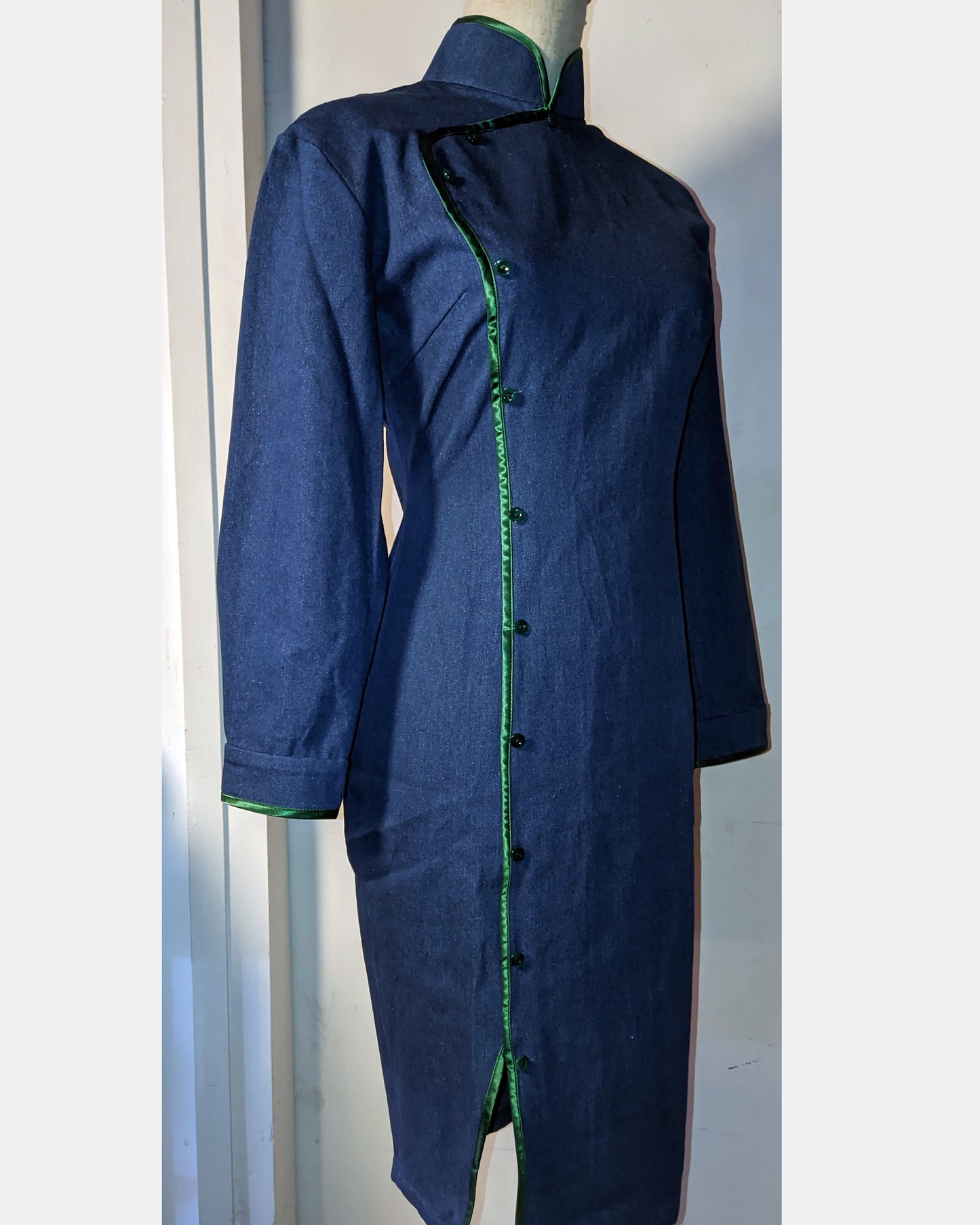 1960s Hong Kong Denim CheongSam long sleeves shirt Dress [Tailor-Made] | Dark navy or light blue , shirt or jeans weight,  all up to you - 企直啲 Stand Tall D