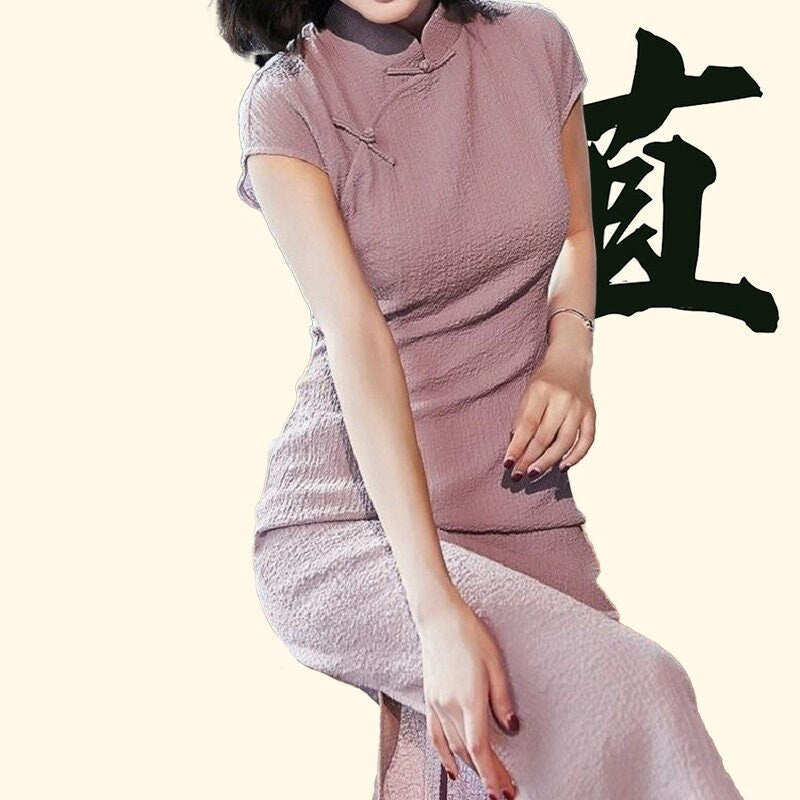 Qipao / Cheongsam Chill Everyday Dress with Knot Buttons [Navy, Red, Pink, Blue, Dark Green, Black] - 企直啲 Stand Tall D