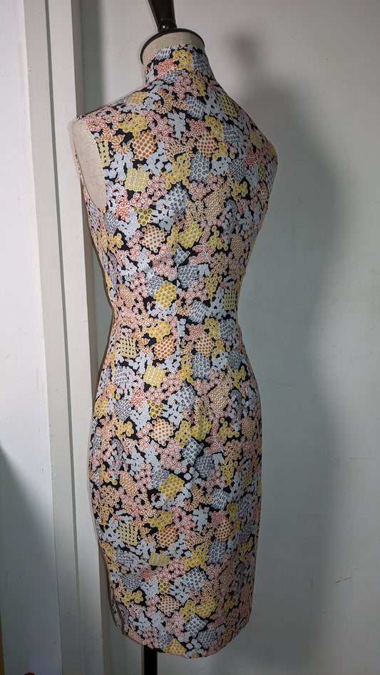 Vintage 1960s Cheongsam dress (Size M) | Lined, sleeveless | orange yellow blue white Floral on black | ready to ship NOW