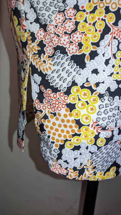 Vintage 1960s Cheongsam dress (Size M) | Lined, sleeveless | orange yellow blue white Floral on black | ready to ship NOW