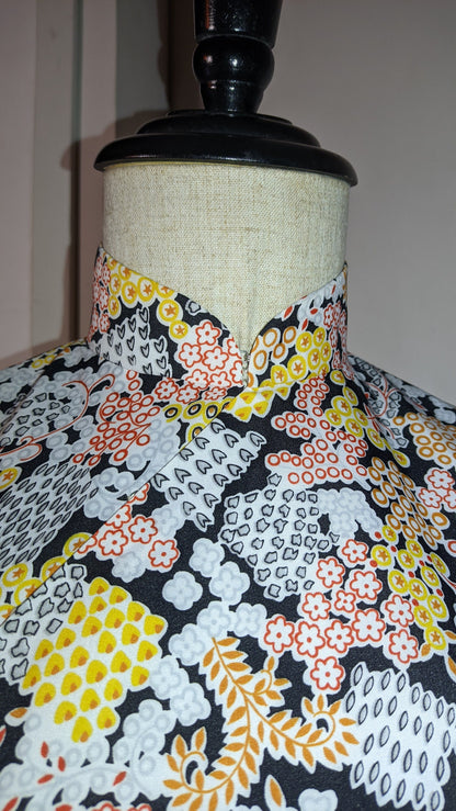 Vintage 1960s Cheongsam dress (Size M) | Lined, sleeveless | orange yellow blue white Floral on black | ready to ship NOW